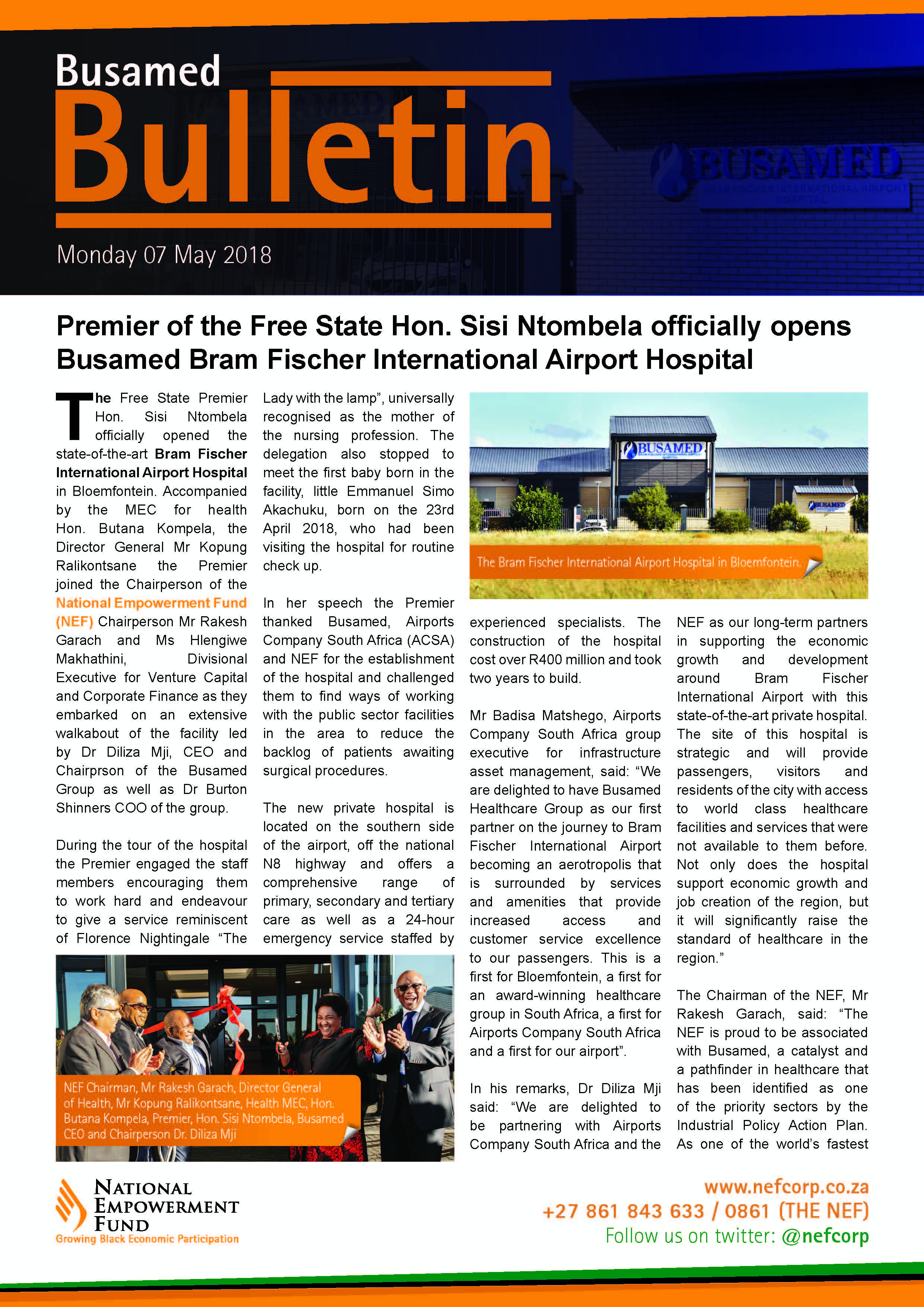 Premier Of The Free State Hon. Sisi Ntombela Officially Opens Busamed Bram Fischer International Airport Hospital