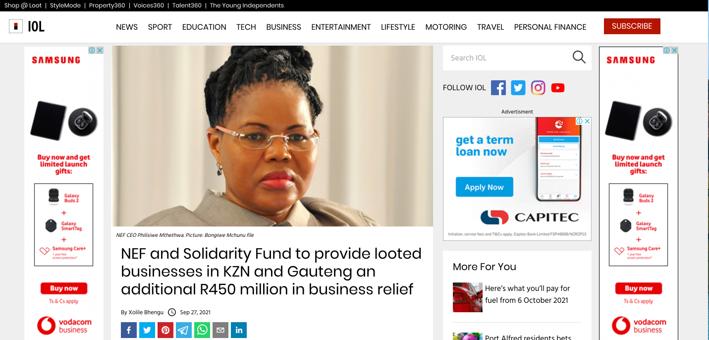 NEF And Solidarity Fund To Provide Looted Businesses In KZN And Gauteng An Additional R450 Million In Business Relief