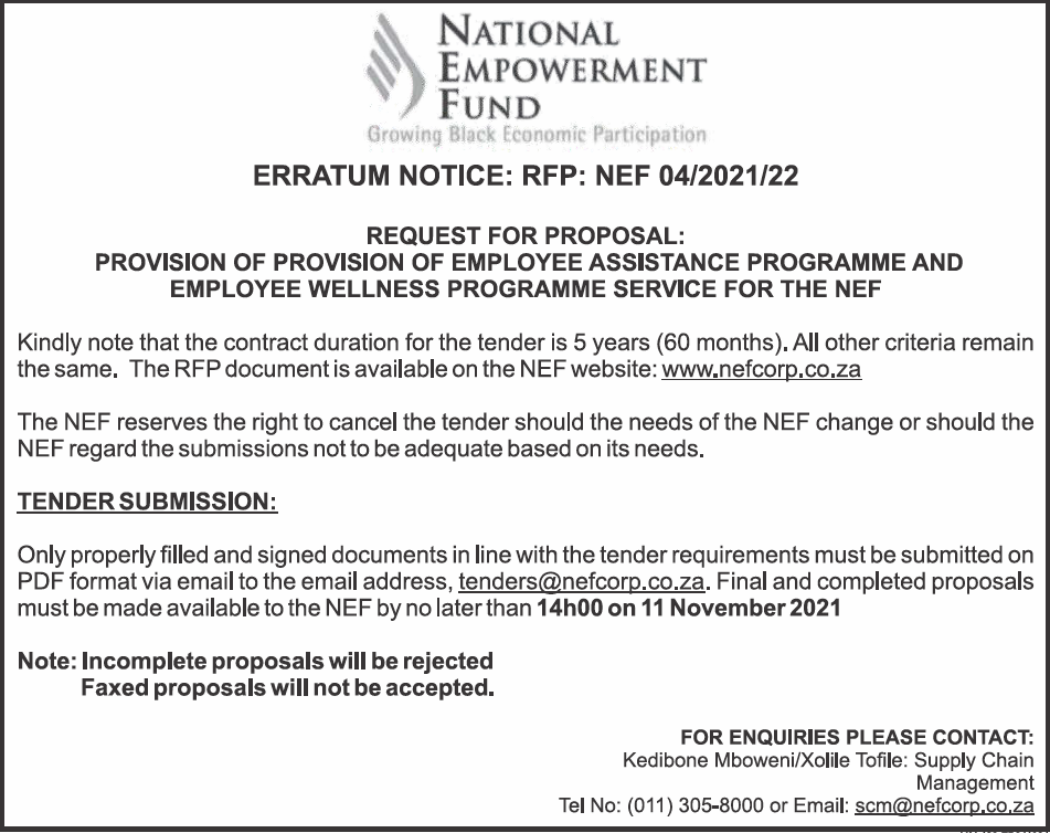 Erratum Advert PROVISION OF EMPLOYEE ASSISTANCE PROGRAMME AND EMPLOYEE WELLNESS PROGRAMME SERVICE