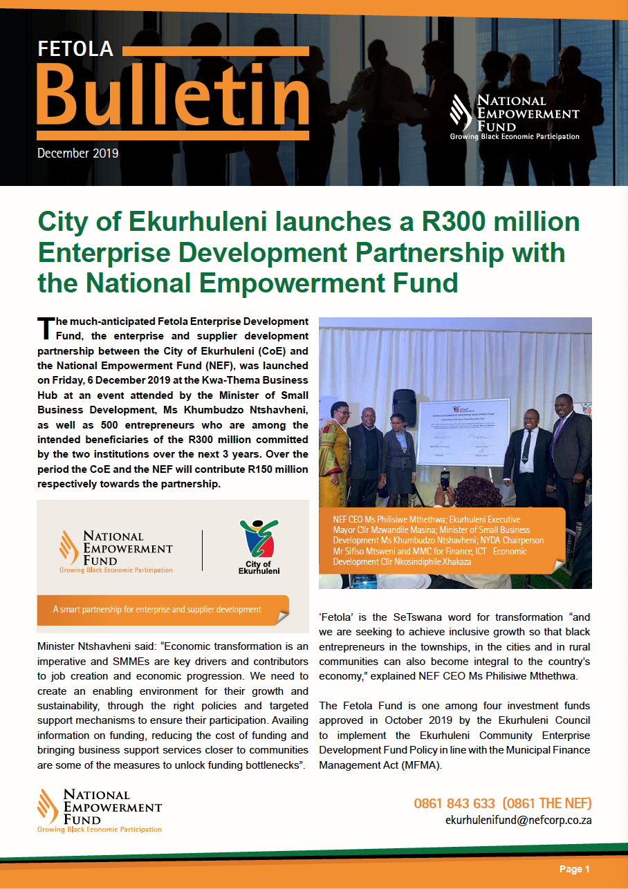 City Of Ekurhuleni Launches A R300 Million Enterprise Development Partnership With The National Empowerment Fund