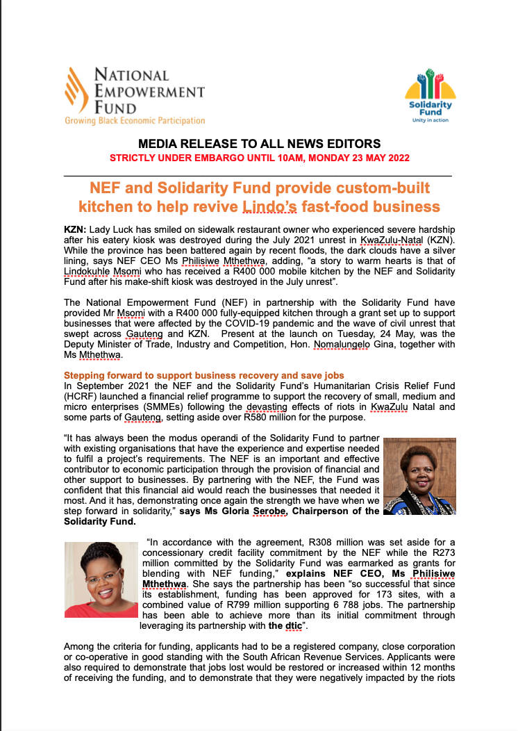 NEF And Solidarity Fund Provide Custom-Built Kitchen To Help Revive Lindo’s Fast-Food Business