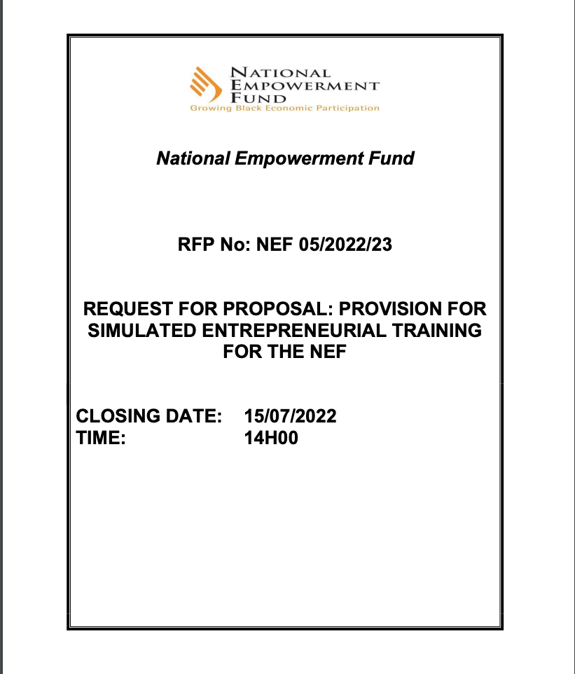 REQUEST FOR PROPOSAL: PROVISION FOR SIMULATED ENTREPRENEURIAL TRAINING FOR THE NEF